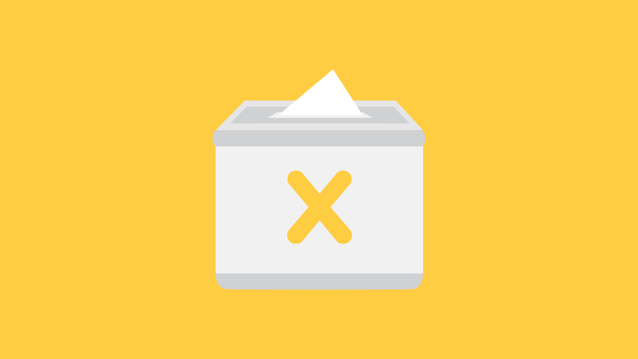An Elections Ontario image depicting a ballot box with a ballot stuck inside with the yellow X on the front of the box.